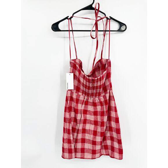 Reformation Huckleberry Linen Dress in Red Check Linen Size 4 NEW - Picture 3 of 6